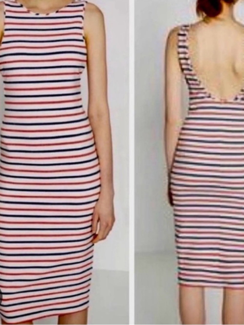 Zara Trafaluc Collection S Red White Blue Striped Low Back Bodycon Midi Dress